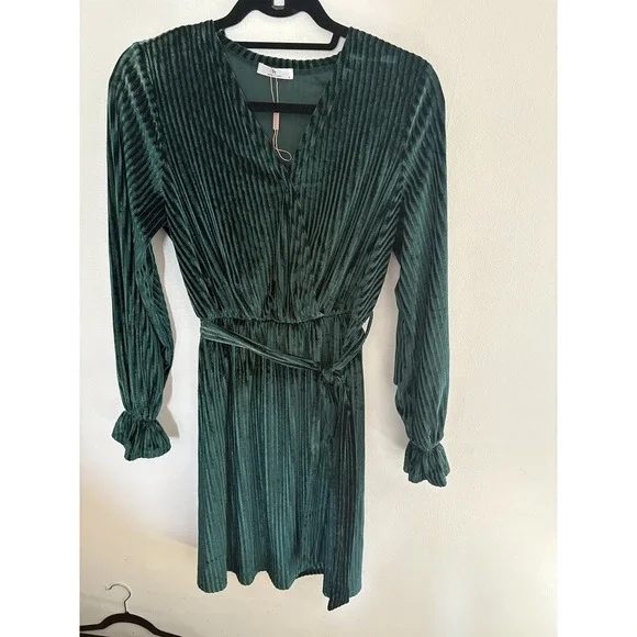 Hotouch Emerald Green Pleated Velvet Wrap Mini Dress Long Sleeve Holiday Party S - Picture 2 of 6